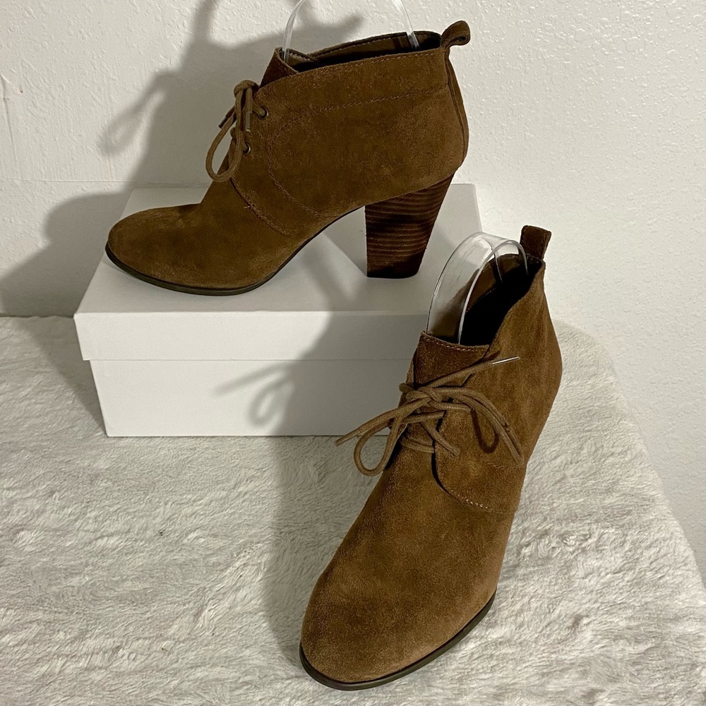 Lucky Brand Unitas Brown Suede Ankle Boots Women’s Size 8M Lace-Up Stacked Heel - Picture 1 of 12